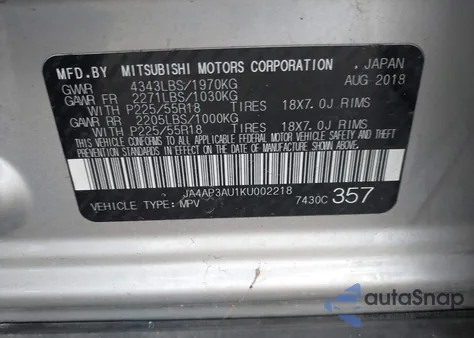 2019 Mitsubishi Outlander Sport 2.0 Es из США, поврежденный, VIN JA4AP3AU1KU002218